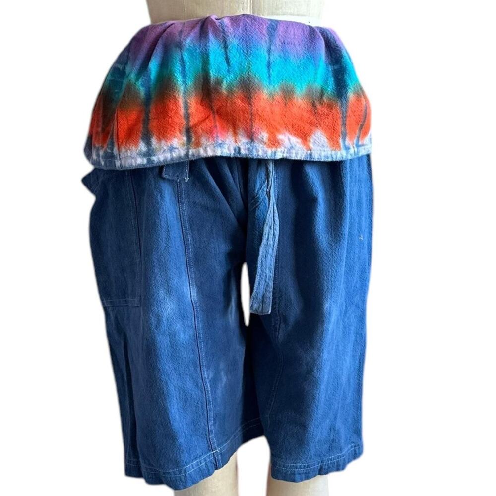 Womens Foldover Shorts Size Medium Upcycled Tie Dye Blue Denim Fabric Belt Yoga